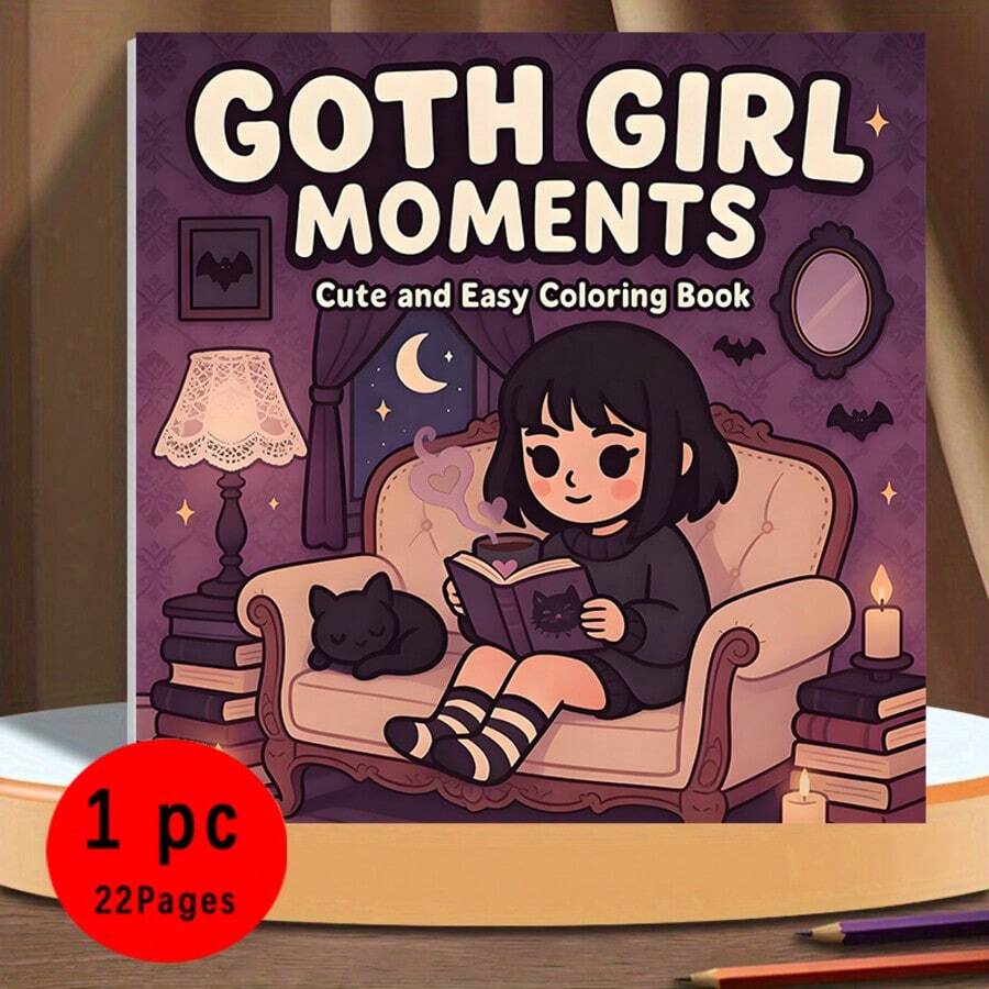 （原版，升级豪华版，厚纸，20.5*20.5厘米）《哥特女孩涂色书，22款粉色哥特和Emo风格图案》，适合情侣和家庭，也适合派对、情人节、生日和其他节日。绘画和学习用品，22页，书籍，涂色书，学习用品，学校，圣诞节，万圣节，生日，返校礼物，涂色书，美术用品 - 單件 - 查看 1