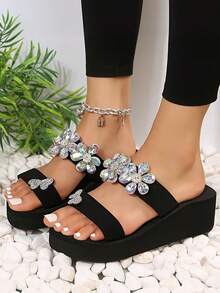 2025 Neue Damen Blumen Strass Plateau-Slipper, bequeme Plateausohle, geeignet für täglichen Weg zur Arbeit/Urlaub/Strand, koreanischer süßer & cooler Stil - Schwarz - Übersicht 5