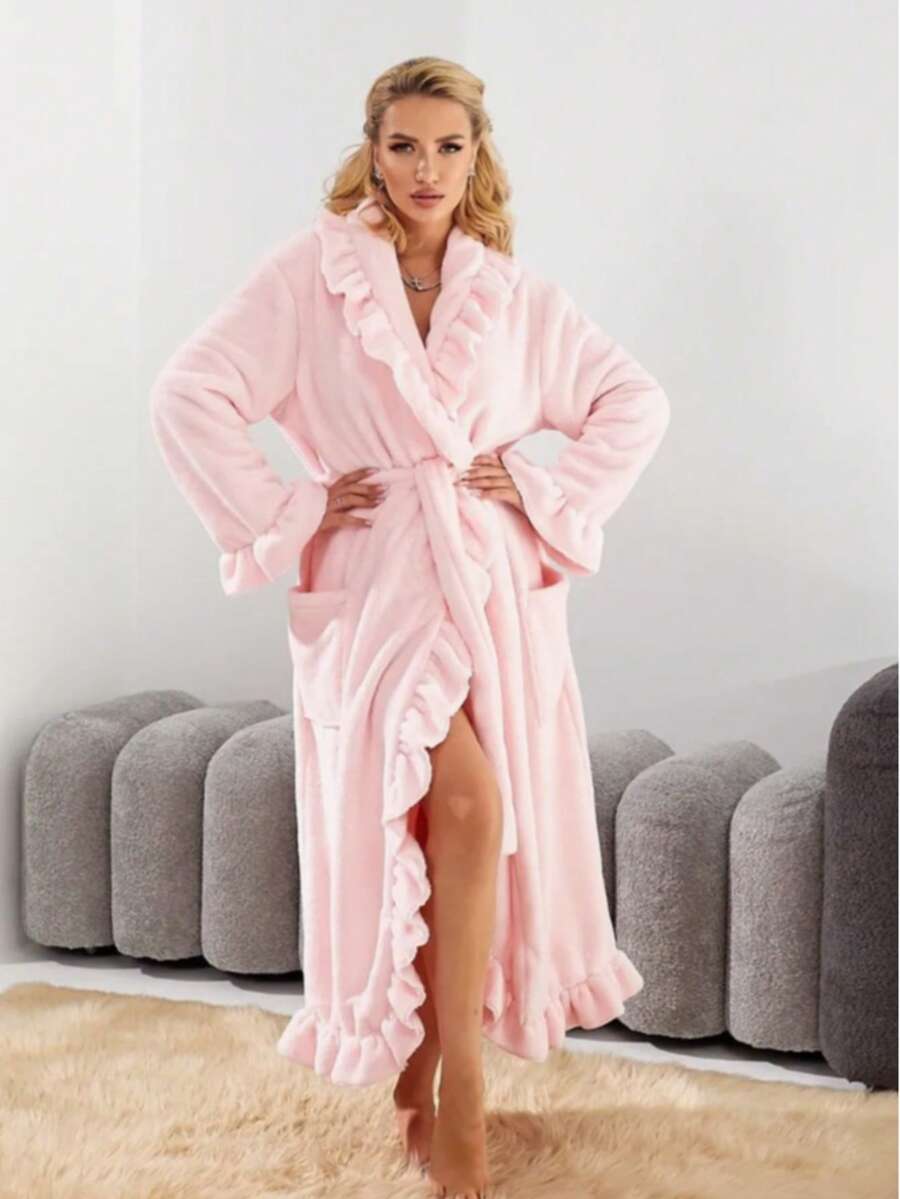 Women's Extra Long Ruffled Bathrobe - Ultra Soft Coral Fleece Luxury Bathrobe, Quick Dry Warm Bathrobe, Lace Collar, Autumn/Winter Long Sleeve Bathrobe, Palace Style French Velvet Robe, Thick Flannel Loungewear, Winter Sleepwear, Opaque Bathrobe, Suitable For Spa, Home, Gifting - Elegant Ladies Bathrobe - Multicolor - View 1