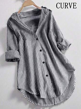 大码女式条纹长袖翻领纽扣衬衫，秋季款