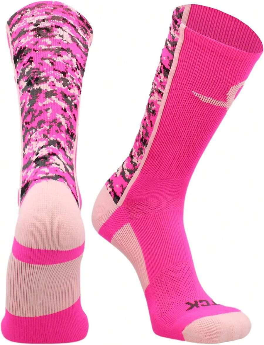 Calcetines de equipo de línea base con lazo rosa de conciencia sobre el cáncer de mama de TCK Sports - Rosa neón/Rosa/Rosa - Ver 1