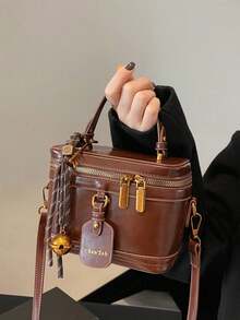 Elegante e chic borsa quadrata in pelle PU di colore unito, mini borsa in PU, borsa in tessuto impermeabile bordeaux, borsa a scatola con decorazione grafica a lettera, adatta per viaggi, shopping, raduni, feste, pendolarismo - Castano - Visualizzare 5