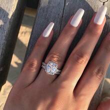 2Pcs Women's Fashion Noble Zirconia Wedding Ring Set Wedding Band Anniversary Gift Party Valentine's Day Engagement Women Jewelry Size 4-11# - 銀色 - 查看 2