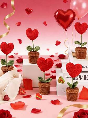 1pc/3pcs/5pcs/10pcs Heart-Shaped Artificial Plant In Woven Pot - Red Polyester Rose With Green Leaves, Perfect For Valentine'S Day, Mother'S Day, Birthdays & Home Decor - Durable Indoor/Car Desk Decor Gift, No Maintenance Needed, Cute Plant Decor