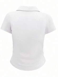 女款四季運動 Polo 衫，休閒修身長袖上衣，翻領 V 領，無鈕扣白色 - 白色 - 查看 4