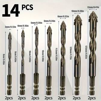 14-Piece Tungsten Carbide Drill Bit Set - 4-Flute Offset Design, High-Efficiency & Wear-Resistant, Dry Drilling For Hard Materials (Tiles, Ceramics, Glass, Marble, Concrete)
