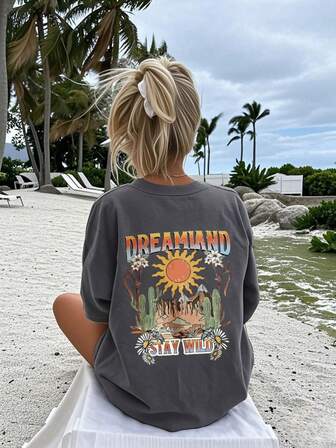 女士夏季新款短袖圆领T恤，印有太阳和字母图案，休闲宽松百搭，适合日常时尚穿着