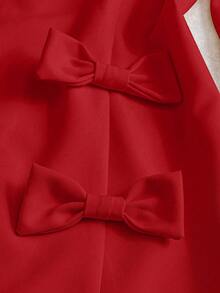 女士长袖短款连衣裙，开衩下摆，蝴蝶结装饰，夏季优雅薄款连衣裙套装 - 紅色 - 查看 5