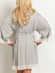 Pijama de maternidad con parches de encaje y mangas 3/4 con lazo delantero para lactancia, primavera - Gris Claro - Ver 2