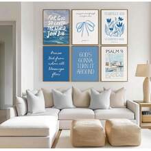 6pcs Set Of Christian Themed Blue Scripture Wall Art, Showcasing Coastal Religious Aesthetics, Suitable For Living Room, Bedroom And Other Home Decor, Frame Not Included - Blue - View 4