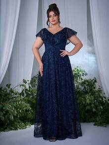 V领荷叶领刺绣蕾丝长裙 - 藏蓝色 - 查看 5