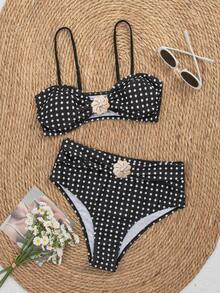 wohenmeili Women's Beach Vacation Polka Dot Print Bikini Set - Black Background With White Dots - View 3