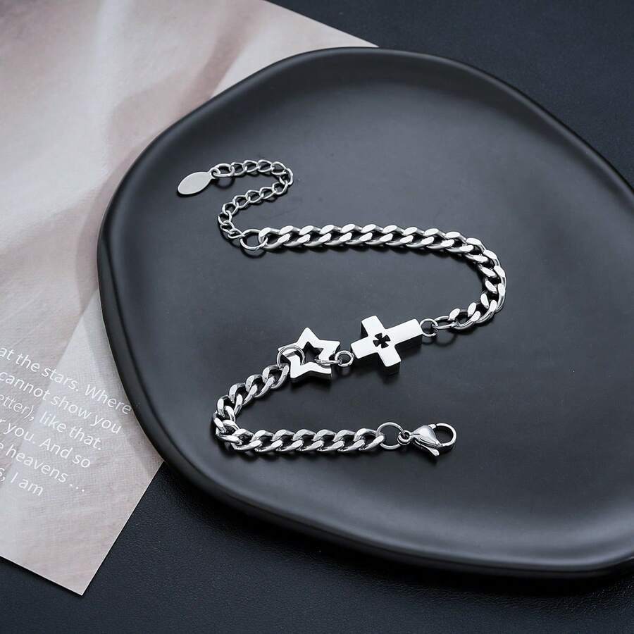 1pc Gothic Cross Chain Bracelet, Dark Style Edgy Niche, Unisex High-End Minimalist Unique Jewelry - Multicolor - View 1