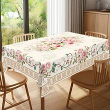 1pc Spring/Summer Romantic Vintage Pink Rose Pattern Tablecloth, French-Style Elegant Floral Print Rectangular Tablecloth, Home Kitchen Dining Table Cover, Indoor/Outdoor Use, Home Decor, Suitable For Valentine's Day, Mother's Day, Weddings - 香檳色 - 查看 3