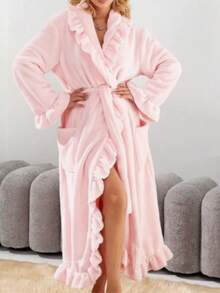 Women's Extra Long Ruffled Bathrobe - Ultra Soft Coral Fleece Luxury Bathrobe, Quick Dry Warm Bathrobe, Lace Collar, Autumn/Winter Long Sleeve Bathrobe, Palace Style French Velvet Robe, Thick Flannel Loungewear, Winter Sleepwear, Opaque Bathrobe, Suitable For Spa, Home, Gifting - Elegant Ladies Bathrobe - Multicolor - View 2