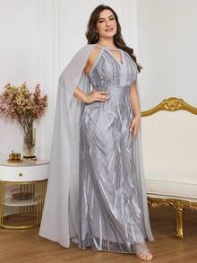 Plus Size V-Neck Flare Sleeve Long Evening Gown (Heavily Embellished) Wedding Party Spring - Grey - View 7