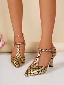 Gold Pointed Toe Hollow Out Sandals, Fish Scale Print High Heels For Women, Fashionable Festive Shoes For Wedding - Gold - View 4