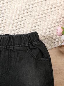 Girls' Denim Shorts - Solid Color With Ruffle Hem, Fashionable And Comfortable, Suitable For Casual Wear - Black - View 3