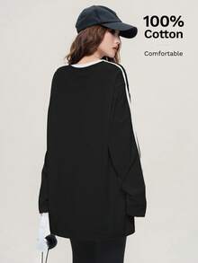 女士通勤装春季条纹长袖T恤，时尚百搭 - 057黑拼白 - 查看 2