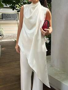 白色高领不对称上衣和阔腿裤套装，优雅的办公室和活动着装 - 白色 - 查看 4