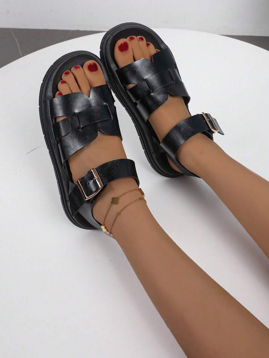 Teenagers' Fashion Flat Stitched Soft Bottom Comfortable Sandals - Black - View 1