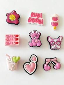 9pcs Wooden Clogs Accessories - Cute Girl Decorative Pins - Pink Bear Series - View 3