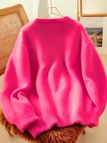 女士柔软舒适纯色针织毛衣上衣，秋季休闲穿搭 - 玫紅色 - 查看 2