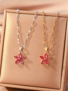 1 件时尚清新五角花瓣方晶锆石吊坠女式锁骨链情人节