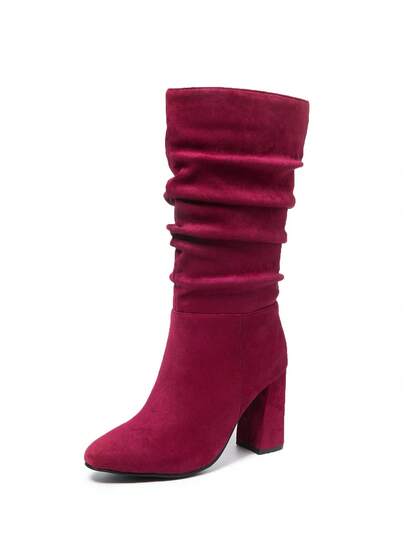 Burgundy Pleated Mid-Calf Boots, Round Toe, Slip-On, Elegant For Evening Party, Vacation, Commute, European And American Style Women's Fashion Boots