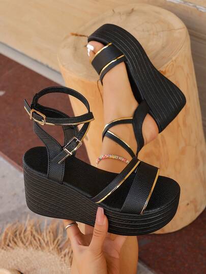 2026 New 9cm High Heel + Platform Thick Sole Shoes, Elongate Leg Line, Sexy Criss-Cross Ankle Strap, Textured Leather Upper With Comfort, Unique Trim Gold Edge Design, Versatile For Daily, Party, Runway, Summer Must-Have Women Sandals,Travel Essential