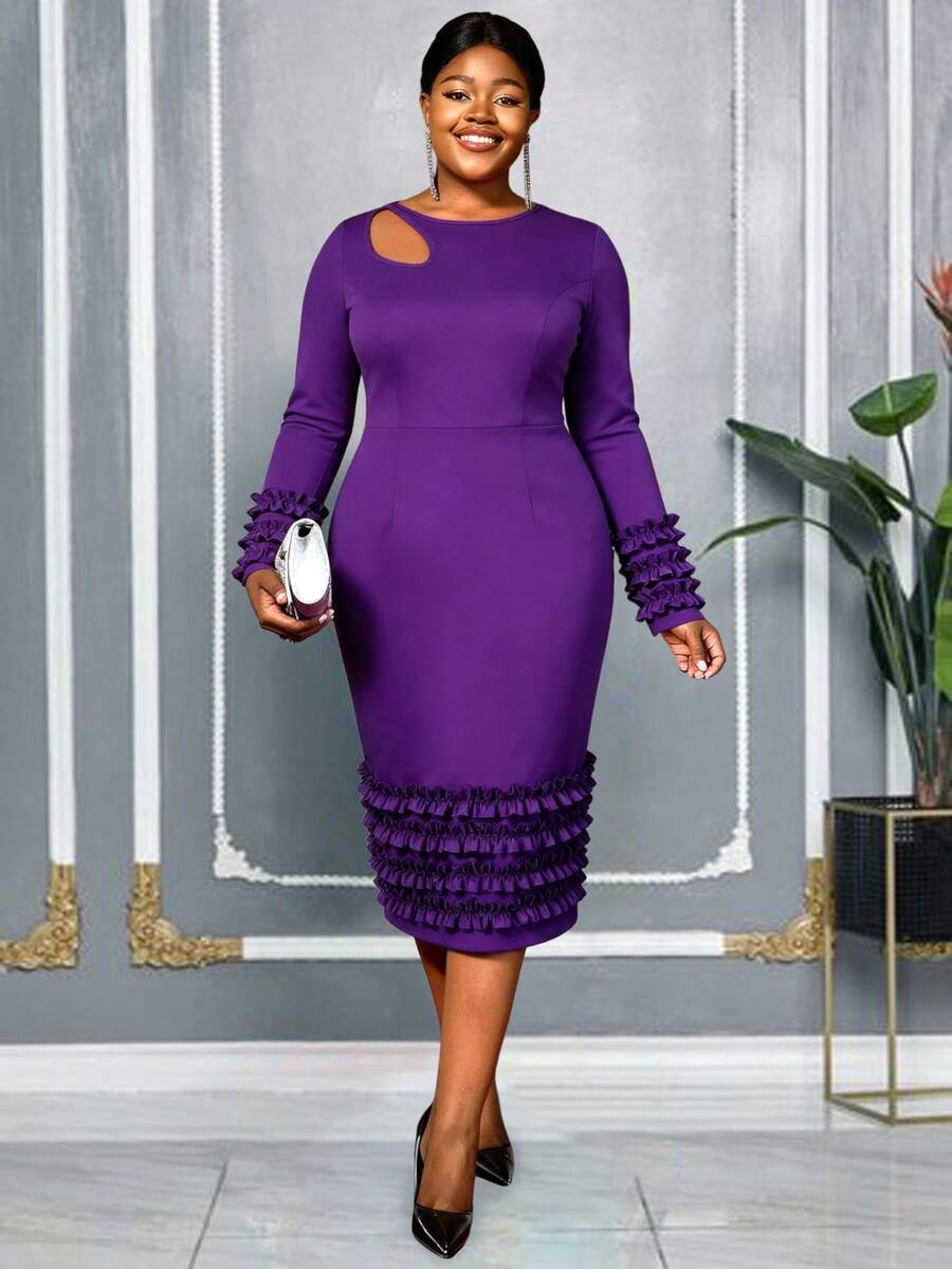 AOMEI 大码女士紫色长袖镂空连衣裙，层叠荷叶边下摆设计，适合鸡尾酒会、正式场合，及膝中长裙，新年时尚礼服，时尚系列 - 紫色 - 查看 1