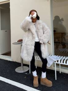 DEEKA 女士仿皮草超大款外套，温暖舒适，欧美风格，大码冬季款 - 米色 - 查看 6