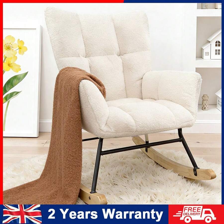 OYAJIA Nursery Rocking Chair Teddy Upholstered Glider Rocker Rocking Accent Chair Padded Seat With High Backrest Armchair Comfy Side Chair For Living Room Bedroom Offices (White) - White - View 1