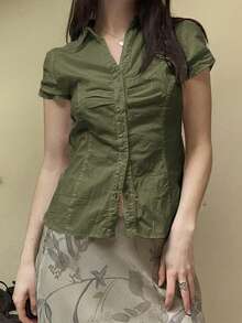 Y2K Preppy Style Women's Shirt, With Collar, Front Button, And Tie Back Design, Fitted Cute Short Sleeve Top, Suitable For Graduation Season, Street Style And Dates Summer - Army Green - View 8