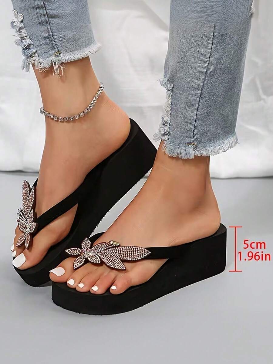 水钻花朵装饰人字拖凉鞋，厚底，甜美仙女风，适合学生、海滩、度假、日常通勤、休闲穿着 - 黑色 - 查看 1