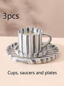 Zestaw 3 klasycznych ceramicznych filiżanek do kawy w paski, spodków i talerzyków, minimalistyczne kubki w stylu retro, skandynawskie, odpowiednie do latte, kawy, matchy, herbaty, kawy arabskiej, duża pojemność amerykańskiej filiżanki do kawy, świetny prezent dla przyjaciół i rodziny - Wielokolorowe - Zobacz 17