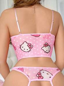 SANRIO Bộ đồ ngủ nữ  màu hồng, họa tiết  dễ thương, in hình trái tim chấm bi, chất liệu chiffon, viền bèo nhún, kiểu dáng dễ thương, quần lót hình gấu bông, đồ lót gợi cảm. - Màu Hồng baby - Xem 3