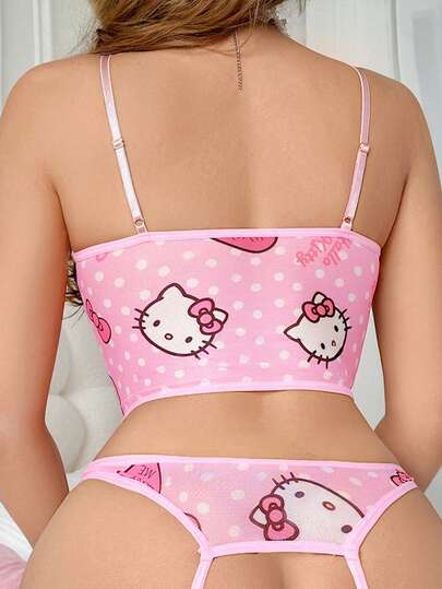 SANRIO 2 piezas Conjunto de pijama adorable para mujer con estampado digital rosa lindo, estampado de lunares, corazón y letra, de gasa con volante, pijama rosa, estampado de lunares, corazón y letra, bragas tipo osito, conjunto de lencería sexy