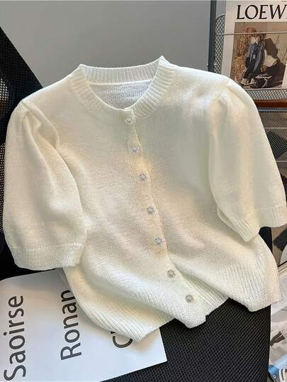 Women's Casual Round Neck Solid Color Button Short Sleeve Knit Sweater Top