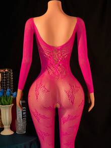 1pc Women Sexy Lingerie Fishnet Bodysuit, Mesh Lace Jacquard Body Stockings, Club Exotic Dancer Outfit - Rose Red - View 2