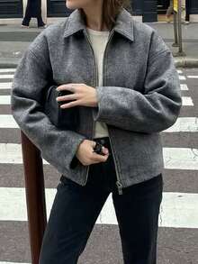 Women's Fashion Simple Versatile Commuter Zipper Overcoat - Grey - View 3