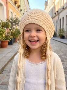 1PC Children Girl Wool Hat Tassel Woolen Hat Beanie Hat For 3-12 Years, Ins Style Hat, Travel Photography Prop,Ins Photography Hat,Kids Girl Fall Clothes Autumn And Winter Warm Head Protection Children's Hat Daily Use