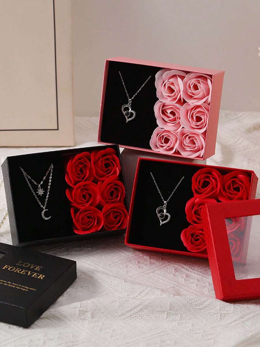1pc Creative Valentine's Day Gift Rose Flower Jewelry Box, Window Display Gift Box, Window Soap Flower Jewelry Box, Suitable For Anniversary, Birthday, Wedding, Valentine's Day, Mother's Day (Necklace Not Included) - Multicolor - View 1