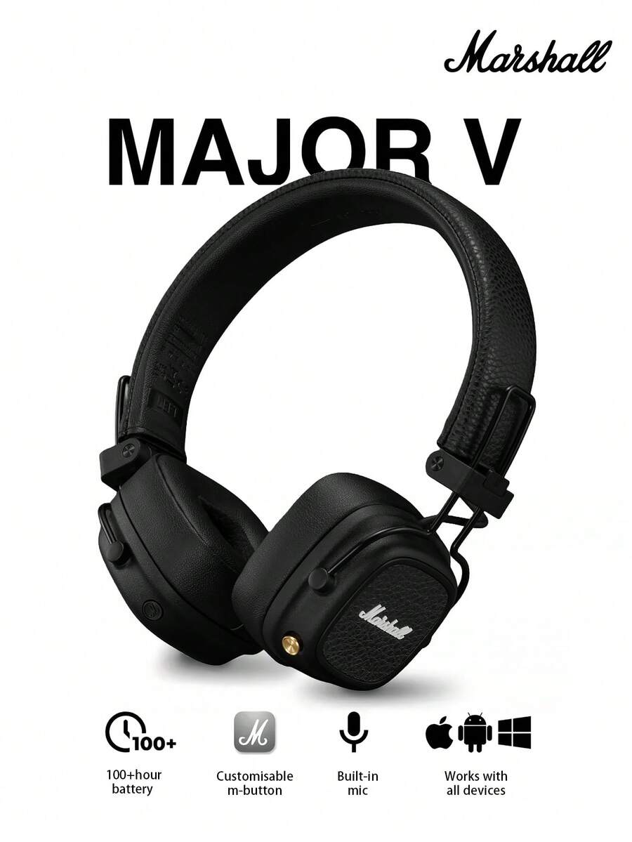 Tai nghe Bluetooth không dây Major V, sở hữu chất âm đặc trưng của Marshall, thời lượng pin 100 giờ, cấu trúc bền bỉ, thiết kế gập gọn, hỗ trợ sạc không dây, nhẹ và di động, phù hợp cho du lịch, tập thể dục, chơi game và nghe nhạc. - màu đen - Xem 1