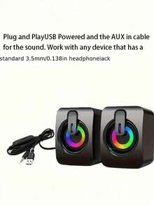 有線 RGB 迷你電腦桌面喇叭，無藍牙與電池，需雙 USB+3.5mm 插頭供音訊，低最大音量，輕巧塑膠小型電競喇叭，適用筆電、平板、手機 - 彩色 - 查看 5
