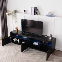 Modern Black TV Unit, Glossy Panel, Variable LED Lighting, For Living Room And Dining Room, 180cm - Black - View 7