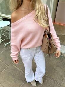 Áo len nữ SOLTRB kiểu dáng thường ngày, màu trơn, rộng rãi, trễ vai, tay dài, màu hồng lãng mạn, áo dệt kim dáng rộng, trang phục nữ màu hồng. - Hồng - Xem 3