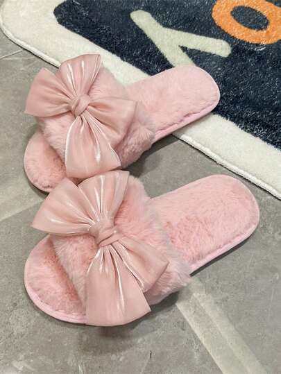 Pantuflas de mujer de satén rosa con lazo de peluche, estilo de vacaciones para el hogar en invierno