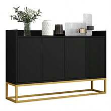 Modern Minimalist Sideboard, 4-Door Handleless Buffet For Dining Room, Living Room, Kitchen (White) - 黑色 - 查看 1