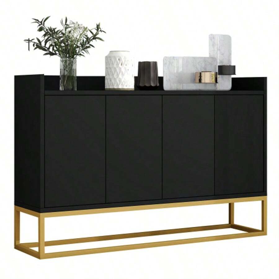 Modern Minimalist Sideboard, 4-Door Handleless Buffet For Dining Room, Living Room, Kitchen (White) - 黑色 - 查看 1